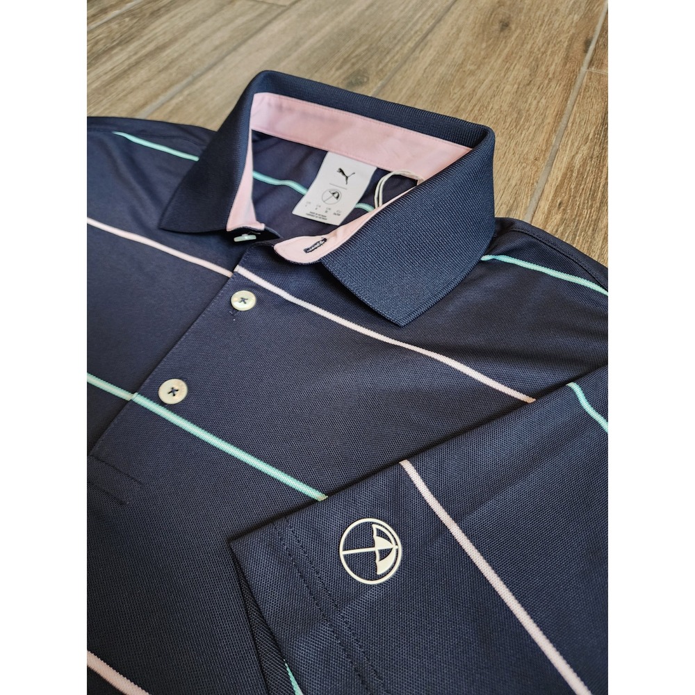 Puma X Arnold Palmer Golf Polo Mens Large Navy Pink Striped Rugby Shirt